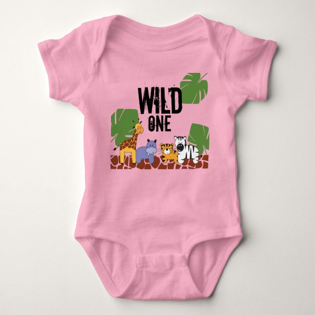 Pink WILD ONE Safari Dschungel Thema Erster Geburt Baby Strampler (Vorderseite)