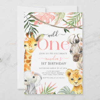 Pink Wild One Safari Jungle 1st Birthday girl Einladung