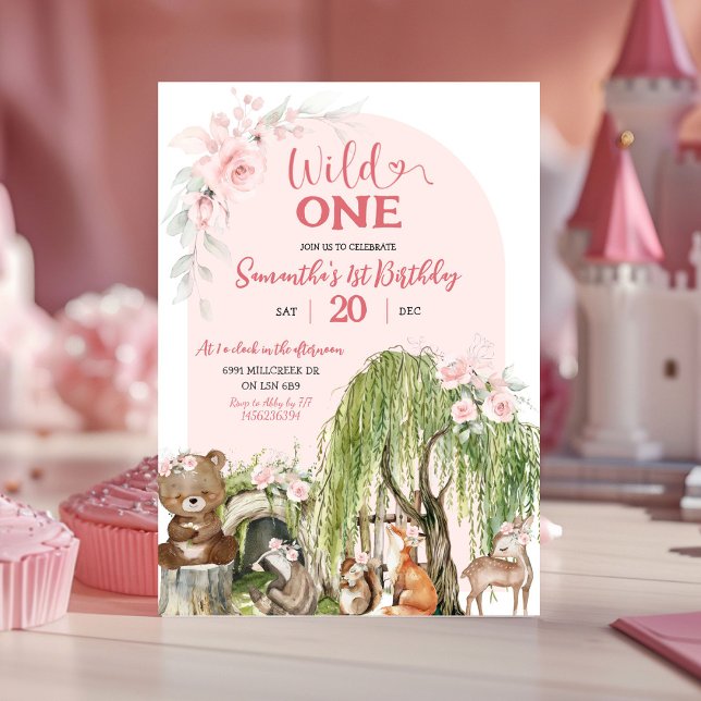 Pink Wild One Woodland Animals Girl zum ersten Geb Einladung (Von Creator hochgeladen)