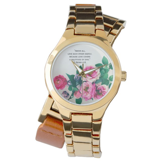 Pink Wild Rose Blume Bouquet Liebe Bibel Verse Armbanduhr (Vorderseite)