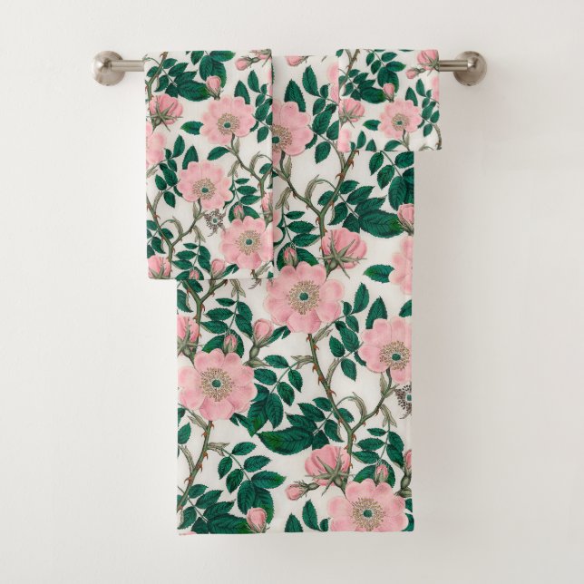 Pink Wild Rose Blume & Green Blätter Muster Badhandtuch Set (Insitu)