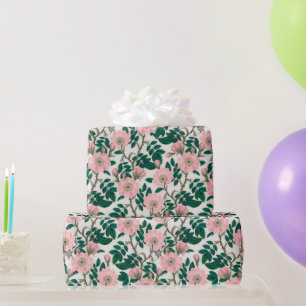 Pink Wild Rose Blume & Green Blätter Muster Geschenkpapier