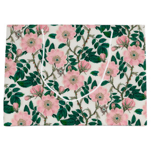 Pink Wild Rose Blume & Green Blätter Muster Große Geschenktüte