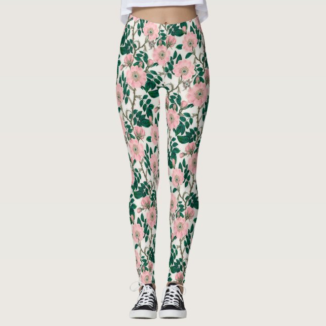 Pink Wild Rose Blume & Green Blätter Muster Leggings (Vorderseite)