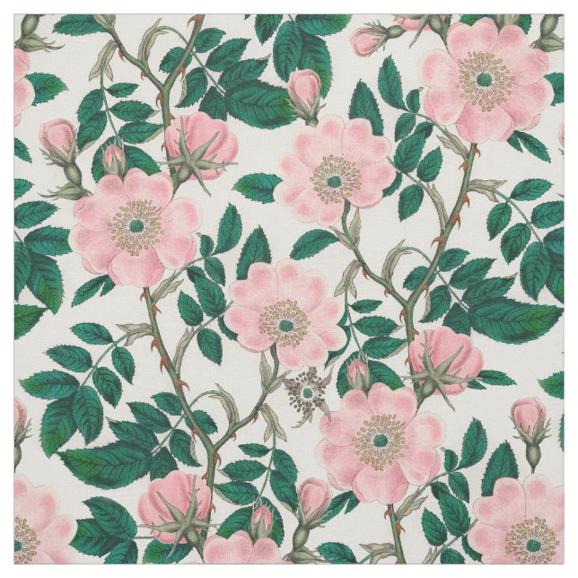 Pink Wild Rose Blume & Green Blätter Muster Stoff (Muster)