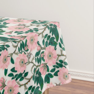Pink Wild Rose Blume & Green Blätter Muster Tischdecke