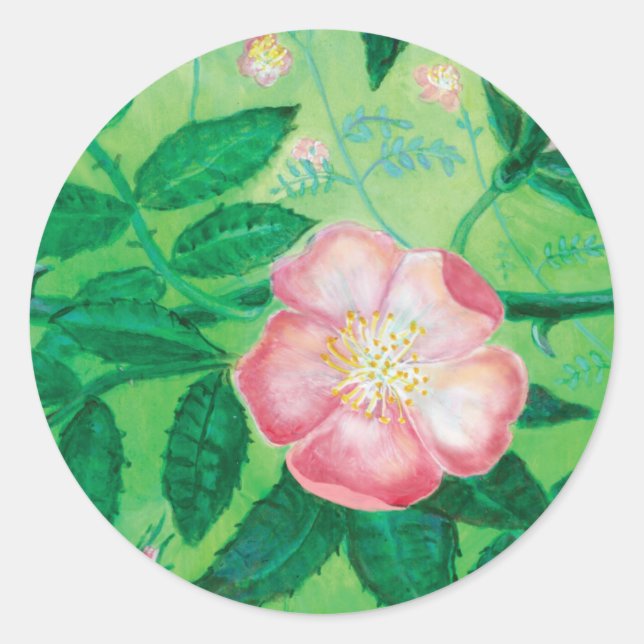 Pink Wild Rose Illustration Runder Aufkleber (Vorderseite)