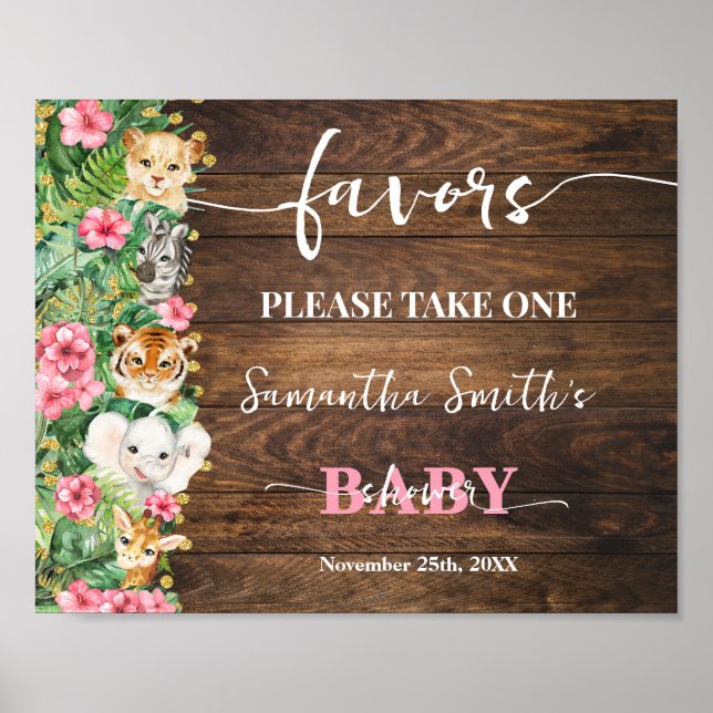 Pink Wild Rustic Safari Animals Favors Baby Shower Poster (Vorne)
