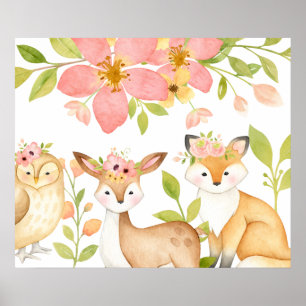 Pink Wild Woodland Tiere Botanisch Poster