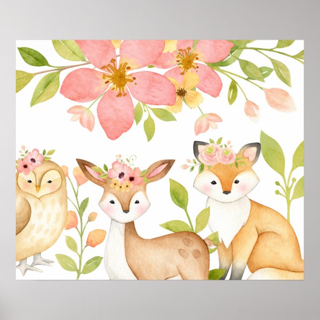 Pink Wild Woodland Tiere Botanisch Poster (Vorne)