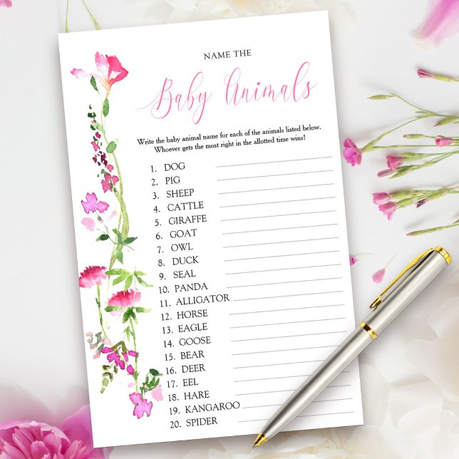Pink Wildblume Baby Animal Name Quiz Game (Baby Animal Game Cards from my Pink Wildflower Collection. Message me to create co-ordinating items.)