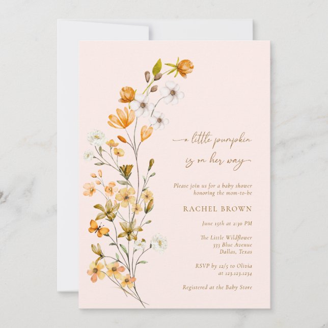 Pink Wildblume Ein kleines Puppen Girl Babydusche Einladung (Vorderseite)