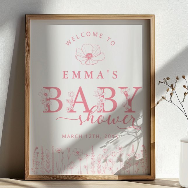 Pink Wildflower Baby Shower Welcome Sign Poster (Pink Baby Shower Welcome Sign)