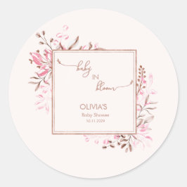 Pink Wildflower Border Baby in Bloom Baby Shower Runder Aufkleber