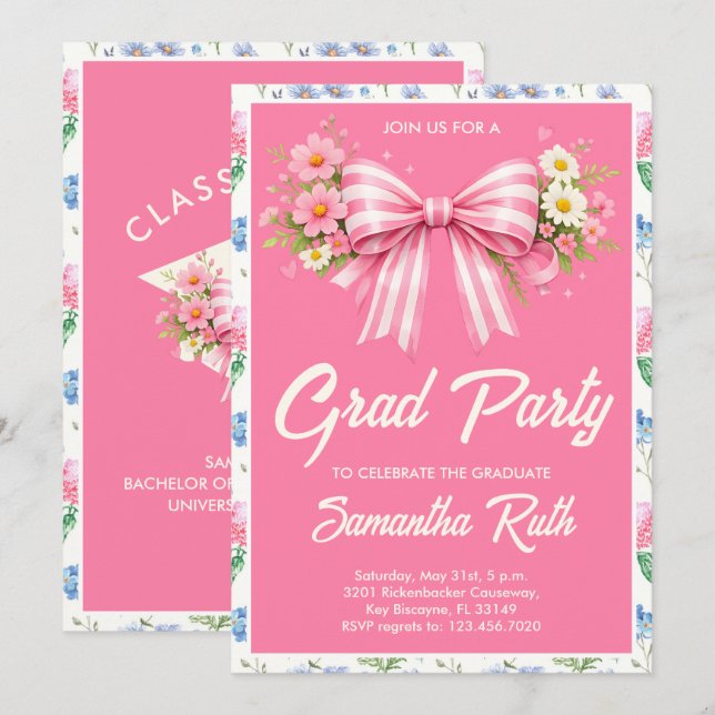 Pink Wildflower Bow Graduation Party  Einladung (Vorne/Hinten)