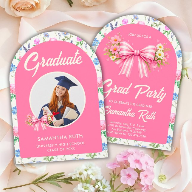 Pink Wildflower Bow Photo Graduation Party Einladung (Von Creator hochgeladen)