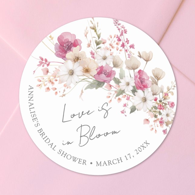 Pink Wildflower Bridal Shower Runder Aufkleber (Pink Wildflower Bridal Shower Classic Round Sticker)