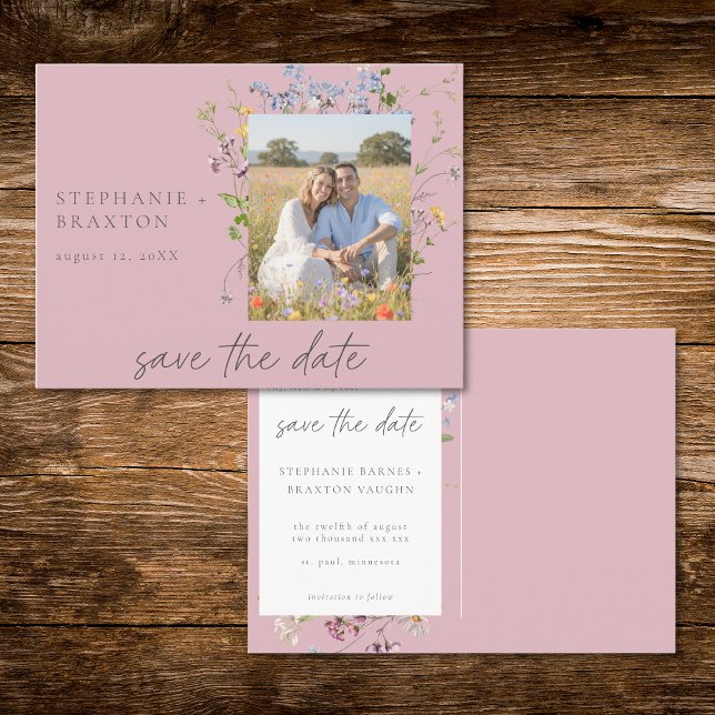 Pink Wildflower Garden Elegant Photo Save the Date Postkarte (Pink Wildflower Garden Elegant Photo Save the Date Postcard)