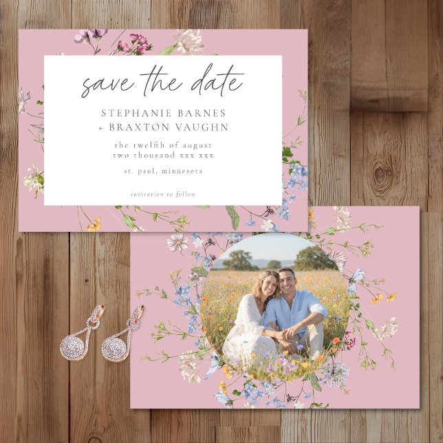 Pink Wildflower Garden Elegant Photo Wedding Save The Date (Von Creator hochgeladen)