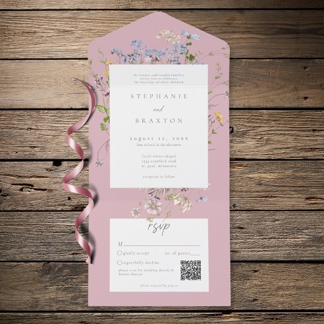 Pink Wildflower Garden Elegant Wedding QR All In One Einladung (Von Creator hochgeladen)