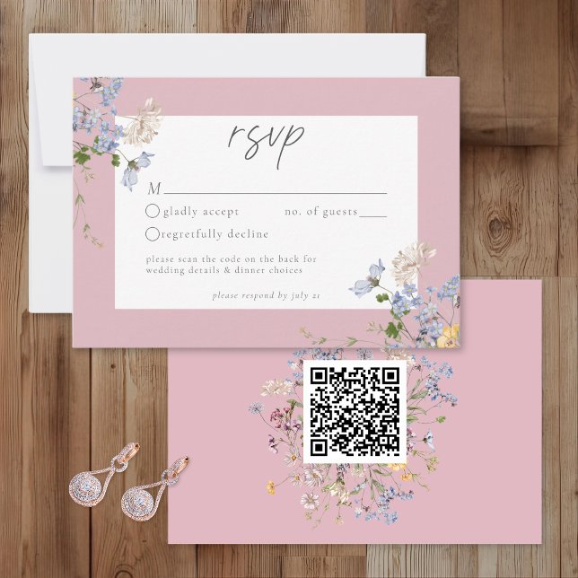 Pink Wildflower Garden Elegant Wedding QR RSVP Karte (Von Creator hochgeladen)