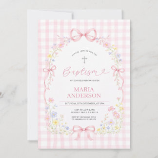 Pink WILDFLOWER Gingham Floral Baptism Invitation Einladung