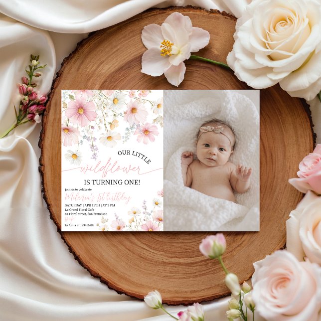 Pink Wildflower Photo 1st Birthday Invite Einladung (Von Creator hochgeladen)