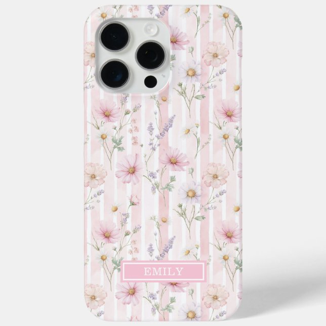 Pink Wildflower Striped Monogrammed Case-Mate iPhone Hülle (Rückseite)