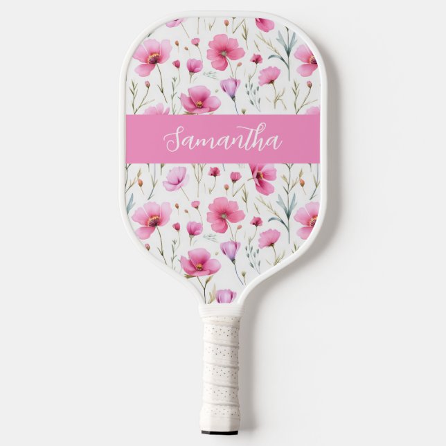 Pink Wildflower Watercolor Custom Name Pickleball Schläger (Rückseite)