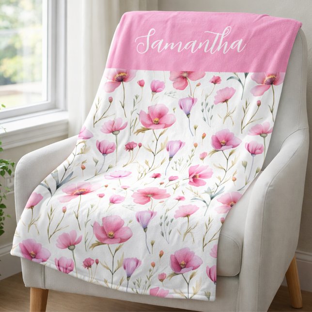 Pink Wildflower Watercolor Name  Fleecedecke (Von Creator hochgeladen)