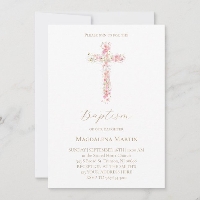 pink wildflowers cross | Baptism Invitation Einladung (Vorderseite)