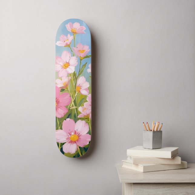 Pink Wildflowers | Watercolor Floral Painted Skateboard (Wandkunst)