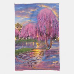 Pink Willow Bäume bei Sonnenuntergang am Teich Jig Geschirrtuch