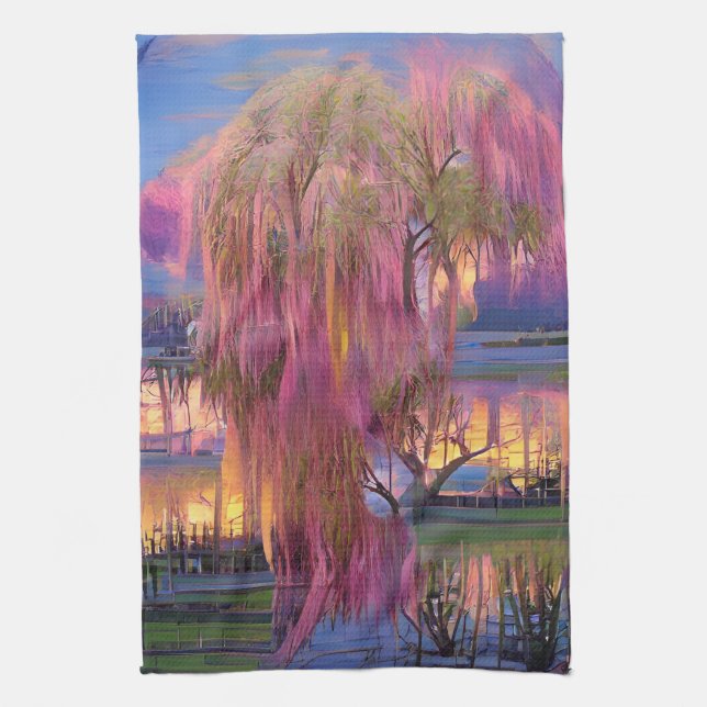 Pink Willow tree bei Sonnenuntergang am Teich Geschirrtuch (Vertikal)