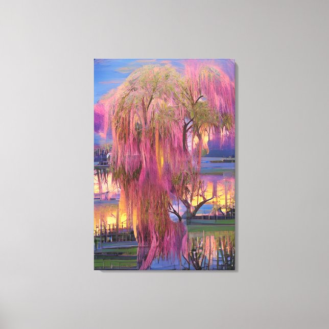 Pink Willow tree bei Sonnenuntergang am Teich Leinwanddruck (Vorderseite)