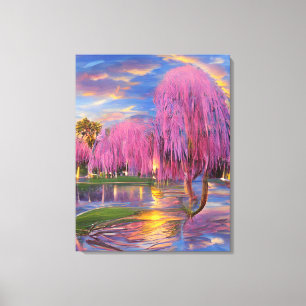 Pink Willow tree bei Sonnenuntergang am Teich Leinwanddruck