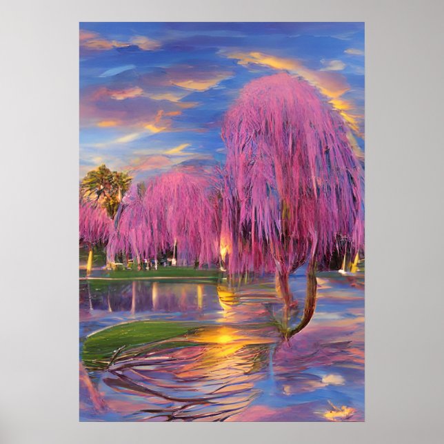 Pink Willow tree bei Sonnenuntergang am Teich Poster (Vorne)