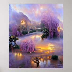 Pink Willow tree bei Sonnenuntergang am Teich Poster