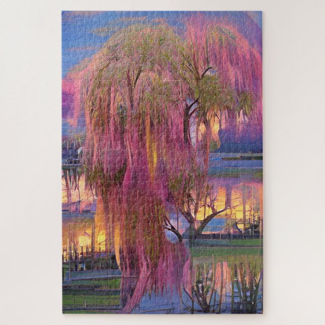 Pink Willow tree bei Sonnenuntergang am Teich Puzzle (Vertikal)