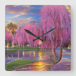 Pink Willow tree bei Sonnenuntergang am Teich Quadratische Wanduhr