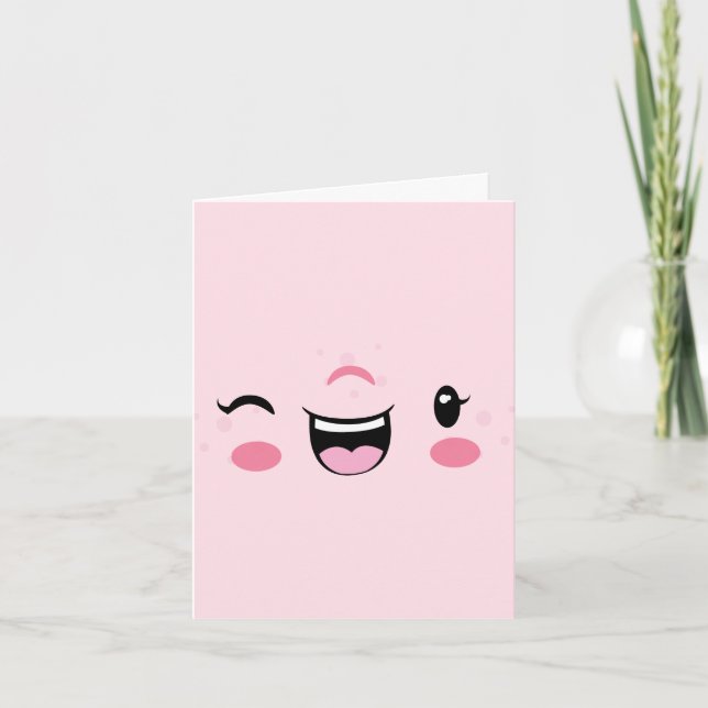 Pink Winking Kawaii Face Note Card Karte (Vorderseite)