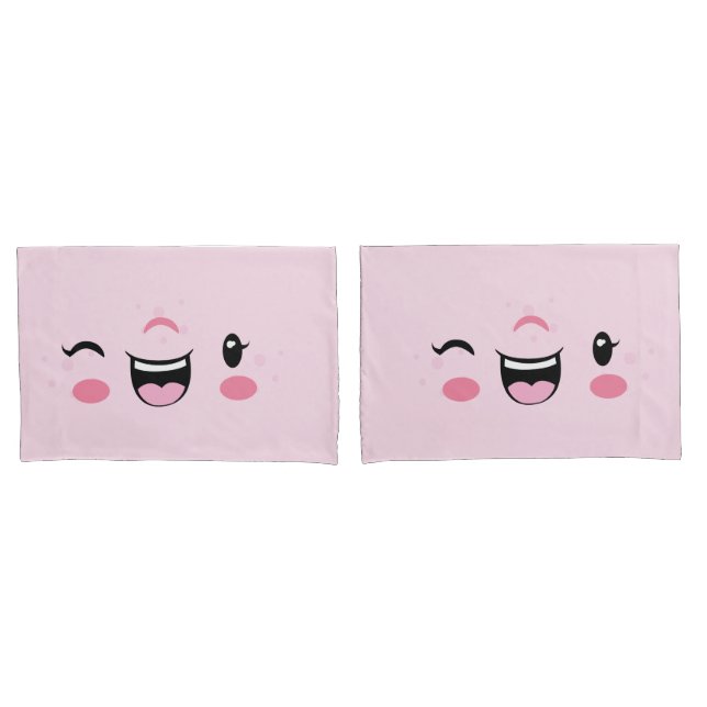 Pink Winking Kawaii Face Pillow Case Set Kissenbezug (Vorderseite-Set)