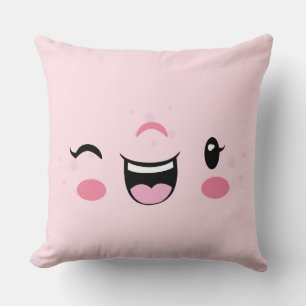 Pink Winking Kawaii Face Throw Kissen