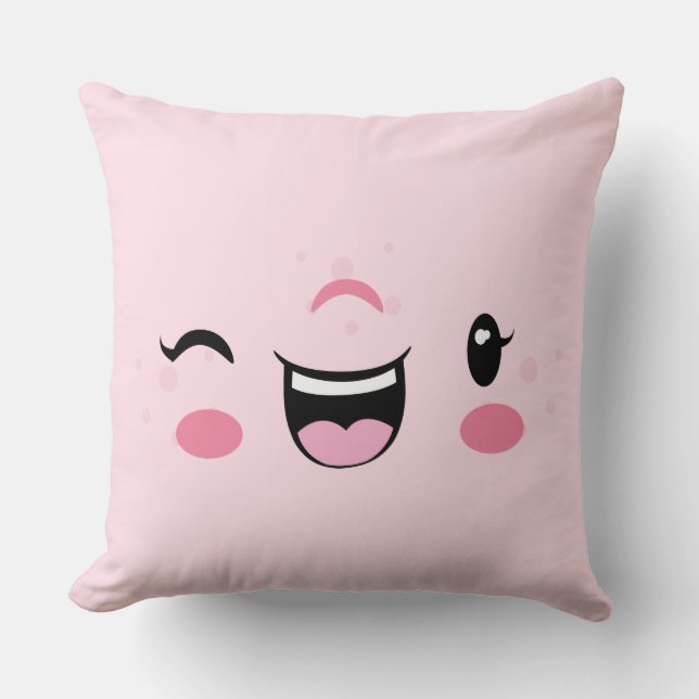Pink Winking Kawaii Face Throw Kissen (Vorderseite)