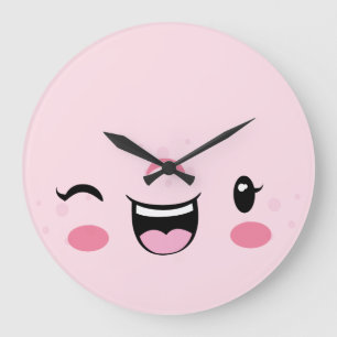 Pink Winking Kawaii Face Wall Uhr