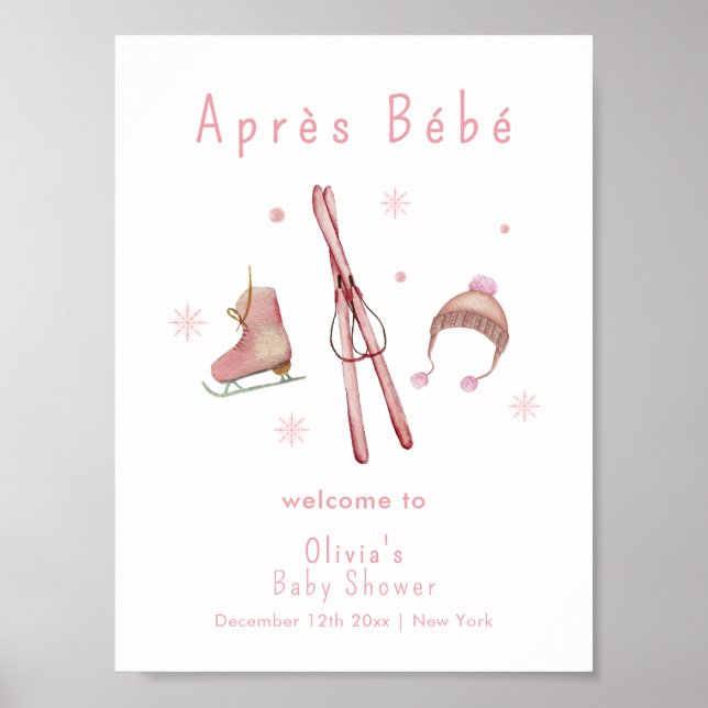Pink Winter Après Bébé Ski Baby Shower Welcome Poster (Vorne)