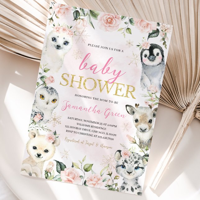 Pink Winter Arctic Animals Baby Dusche Einladung (Von Creator hochgeladen)
