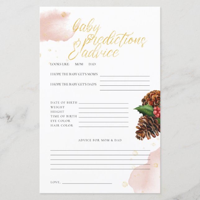 Pink Winter Baby Shower Baby Vorhersagen & Ratschl (Vorderseite)