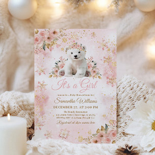 Pink Winter Bear The Girl Baby Dusche Einladung