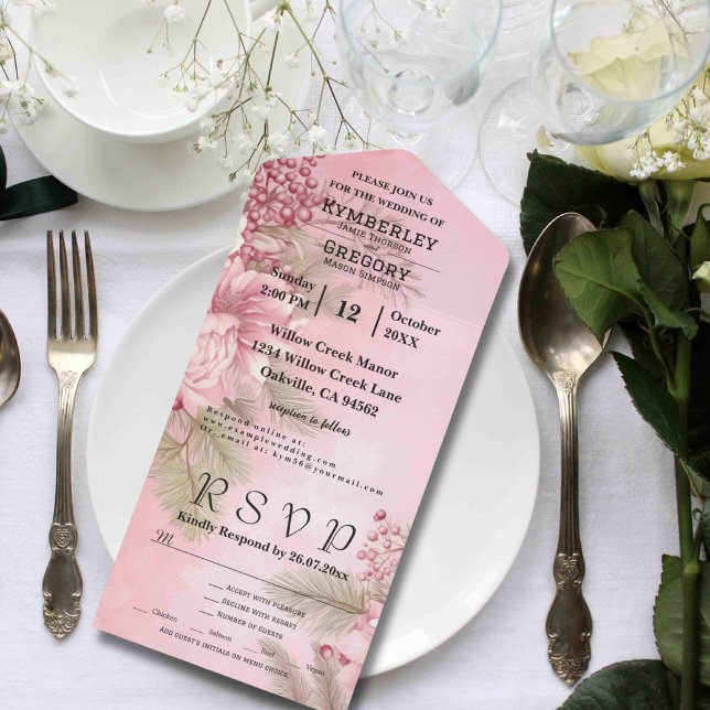 Pink Winter Berry Floral Weihnachten Minimalistisc All In One Einladung (Von Creator hochgeladen)